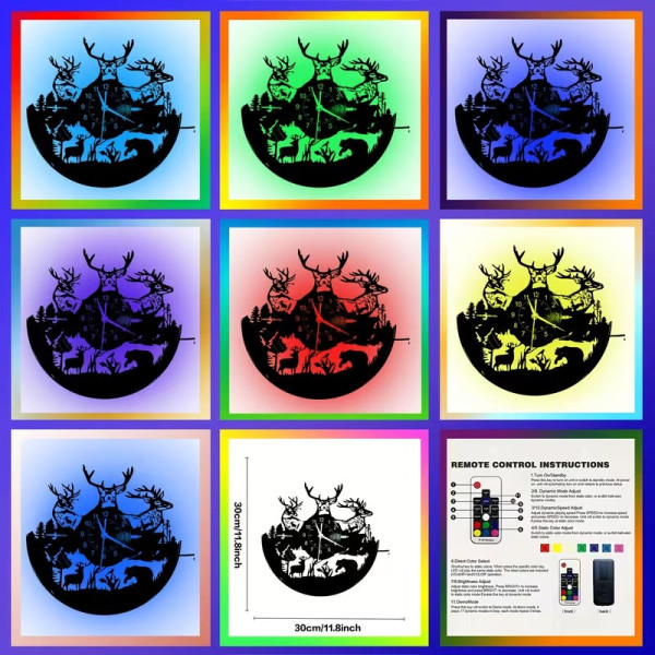 Horloge murale LED cerf et forêt en vinyle 30 cm | 7 couleurs