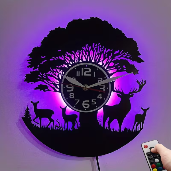 Horloge murale LED vinyle renne & art animalier | 7 couleurs