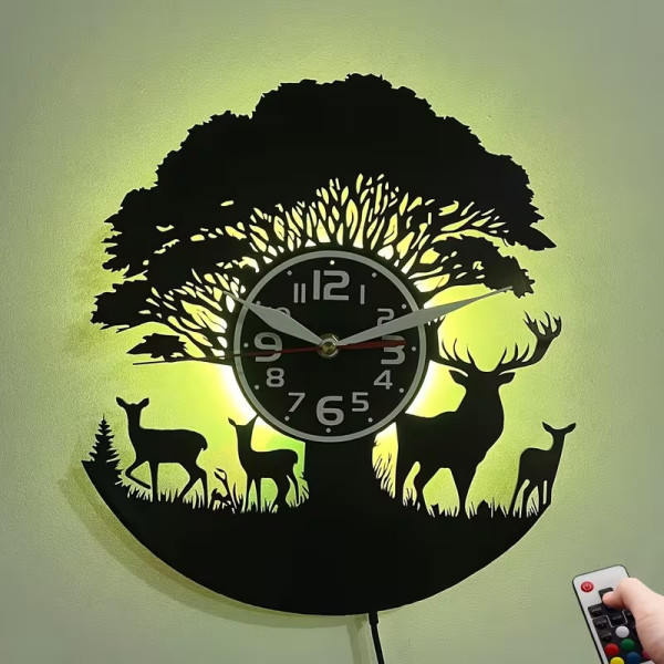 Horloge murale LED vinyle renne & art animalier | 7 couleurs