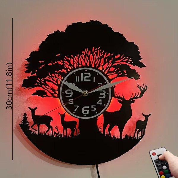Horloge murale LED vinyle renne & art animalier | 7 couleurs